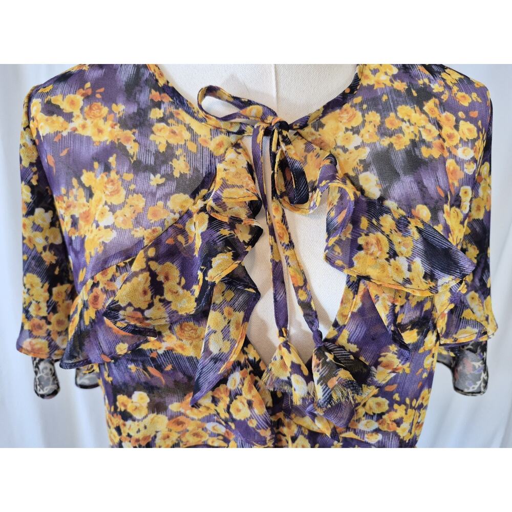 Misa Womens Designer Black Gold Floral Raziela Sheer Ruffle Top XS - Picture 5 of 10